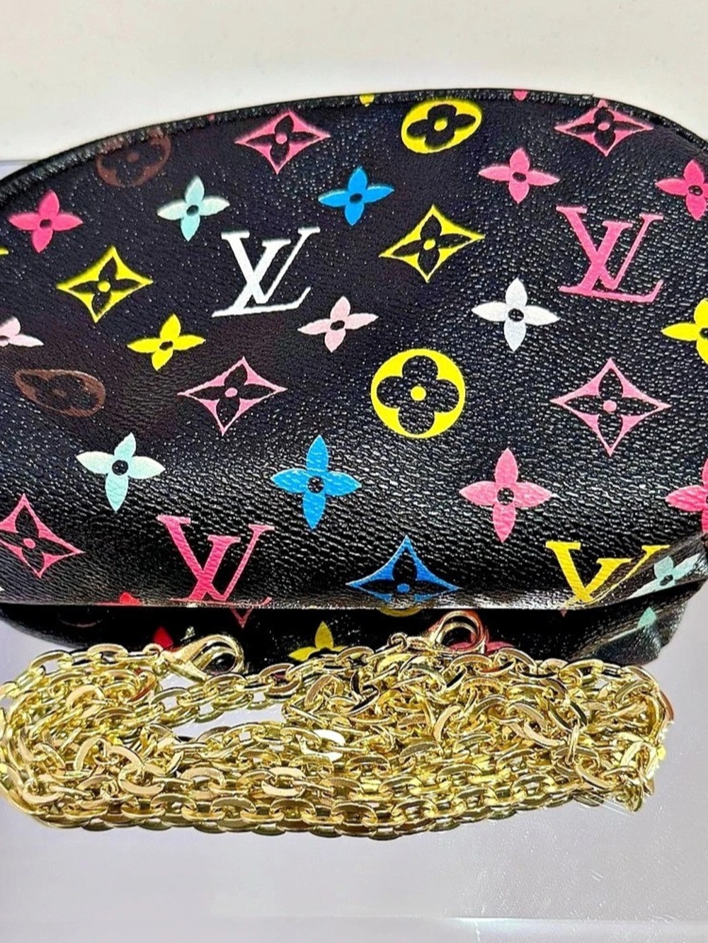New Designer Inspired Multicolor Monogram Black Canvas w/ 46 inch gold chain